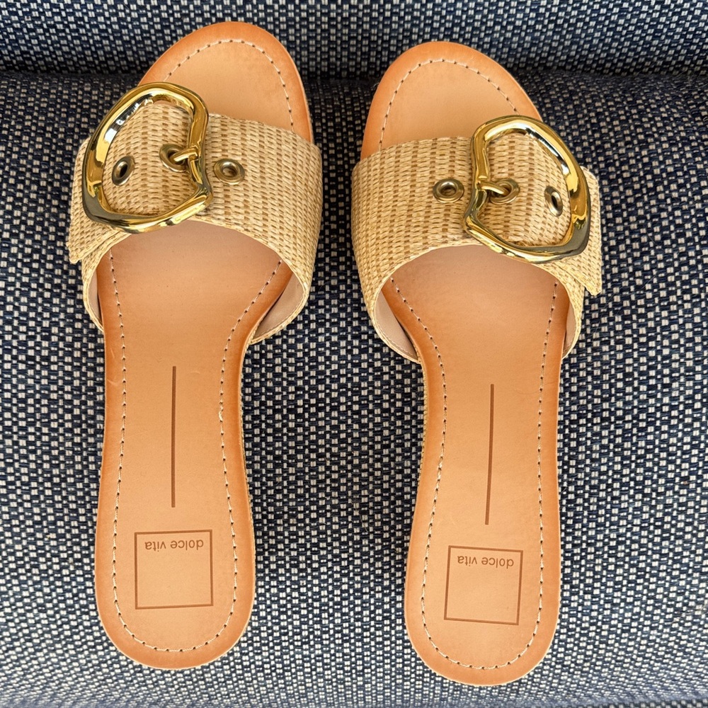 Dolce Vita Tan Woven Slide Sandals with Gold Buckles